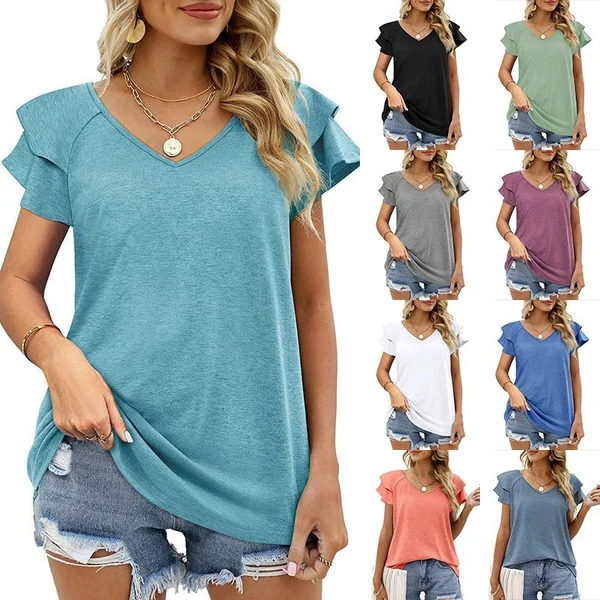 Women Casual V-Neck Irregular Lotus Leaf Sleeves Blouses - Image 10