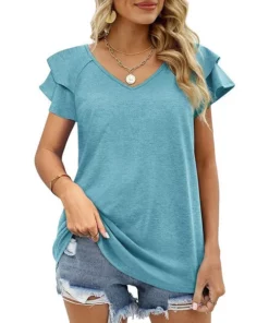 Women Casual V-Neck Irregular Lotus Leaf Sleeves Blouses