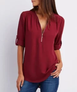 Plus Size Loose 3/4 Sleeve Zipper Blouse