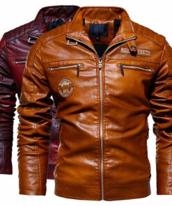Men's Stand Collar Zip Embroidered PU Leather Jacket