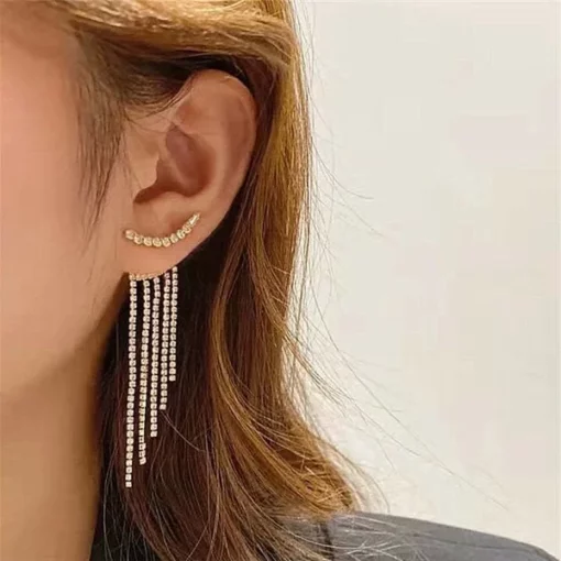 SPARKLING CURVED RHINESTONE LONG TASSEL EARRINGS - Image 3