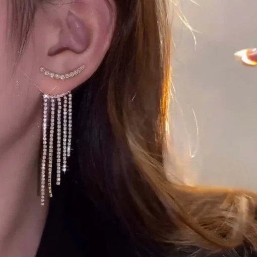 SPARKLING CURVED RHINESTONE LONG TASSEL EARRINGS - Image 4