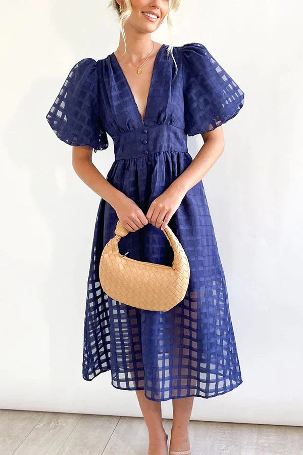 🔥Beauty Square Patterned Fabric Puff Sleeve Midi Dress - Image 11
