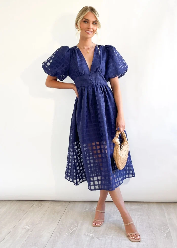 🔥Beauty Square Patterned Fabric Puff Sleeve Midi Dress - Image 5
