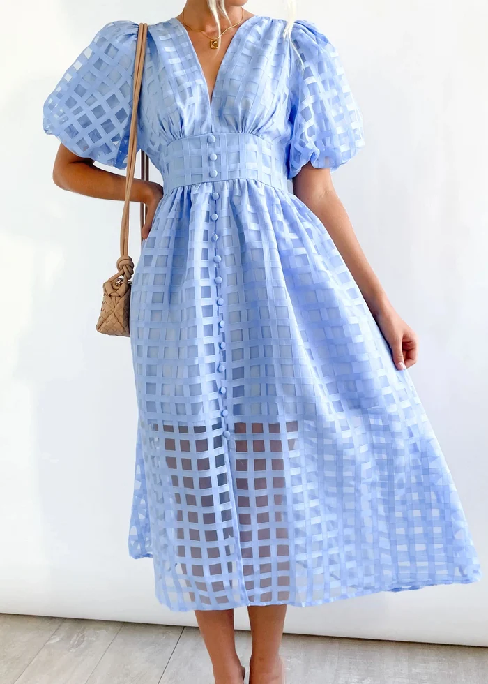 🔥Beauty Square Patterned Fabric Puff Sleeve Midi Dress - Image 2