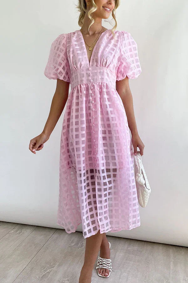 🔥Beauty Square Patterned Fabric Puff Sleeve Midi Dress - Image 15