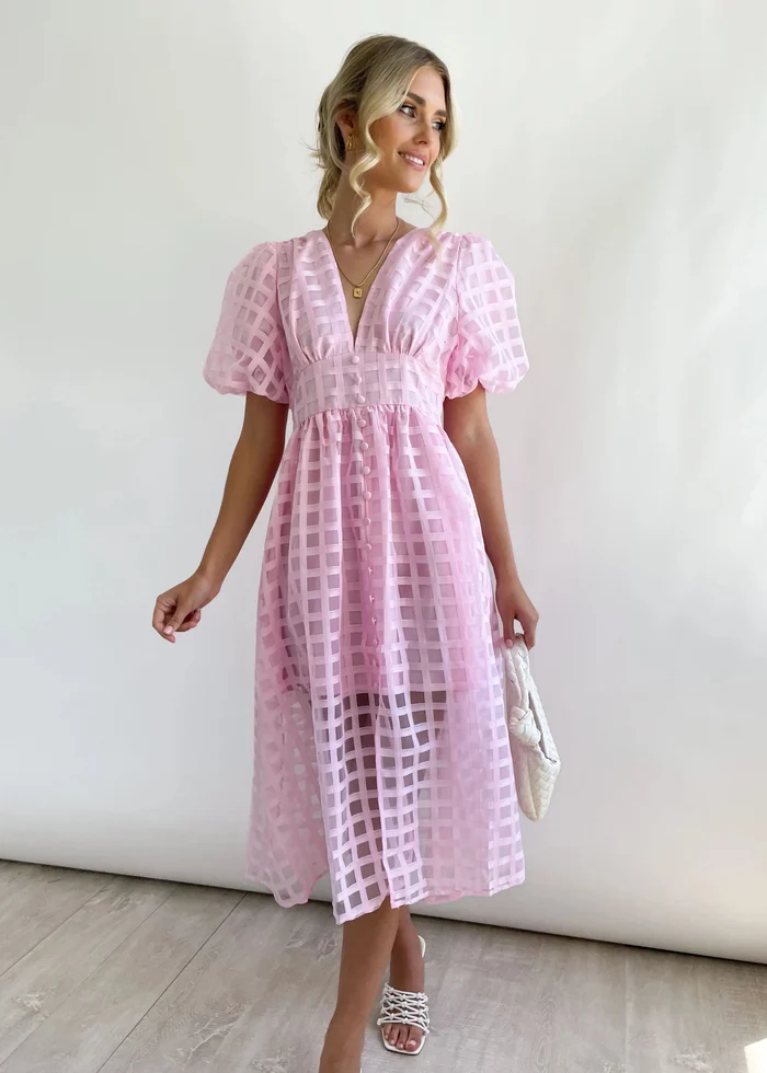 🔥Beauty Square Patterned Fabric Puff Sleeve Midi Dress - Image 9
