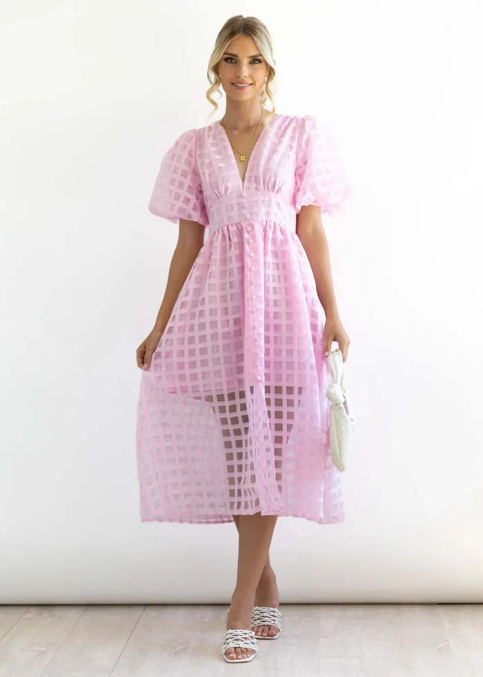 🔥Beauty Square Patterned Fabric Puff Sleeve Midi Dress - Image 4