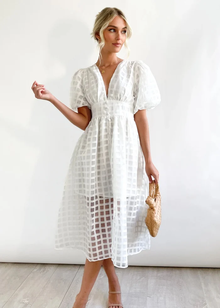 🔥Beauty Square Patterned Fabric Puff Sleeve Midi Dress - Image 13
