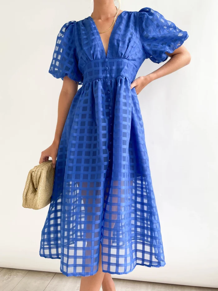 🔥Beauty Square Patterned Fabric Puff Sleeve Midi Dress - Image 6