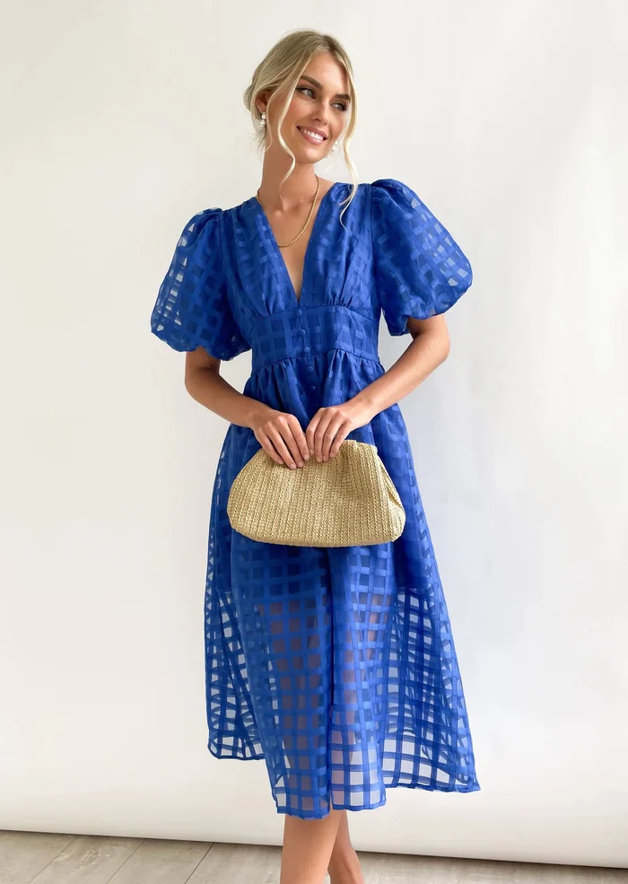 🔥Beauty Square Patterned Fabric Puff Sleeve Midi Dress - Image 21