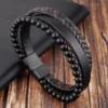 Natural Stone Obsidian Magnetic Buckle Men’s Leather Bracelet