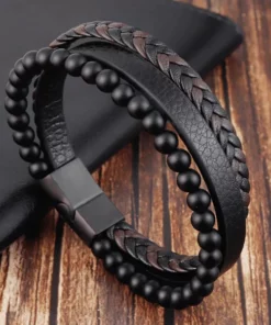 Natural Stone Obsidian Magnetic Buckle Men’s Leather Bracelet