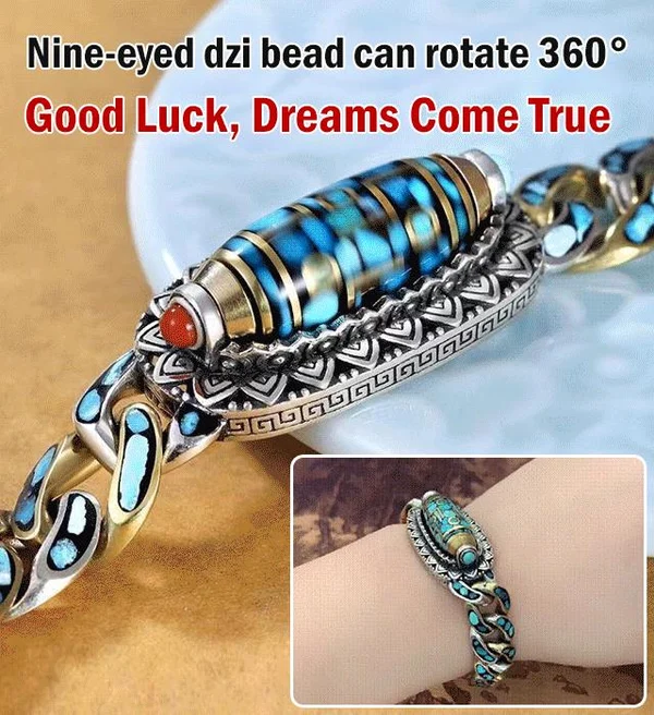 Turquoise Six-character Mantra Nine-eyed Dzi Bead Bracelet - Image 3