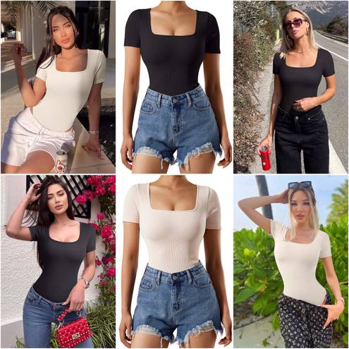Womens One Piece Square Neck Short Sleeve Bodysuits - Image 3